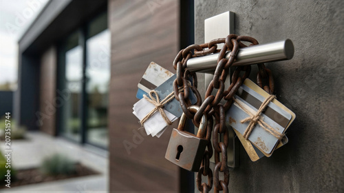 Credit cards locked with heavy chain on modern house door handle. Concept of financial debt bondage and mortgage crisis. Bankruptcy and home foreclosure prevention sign for homeowner.