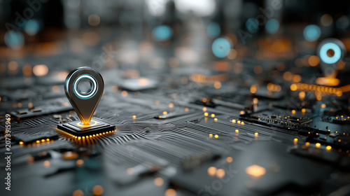 Futuristic digital map with glowing blue location pin icons hovering over a dark, high-tech circuit board surface. Abstract 3D visualization of geolocation, GPS navigation, and sma