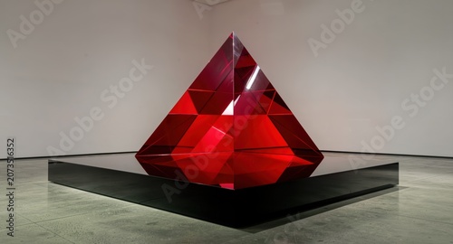 Large red crystal pyramid sculpture on pedestal for modern luxury gallery display.

