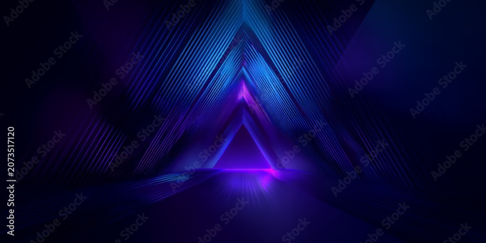 Naklejka premium Vibrant purple and blue neon triangle portal futuristic sci-fi glowing tunnel dark geometric perspective retro wave aesthetic