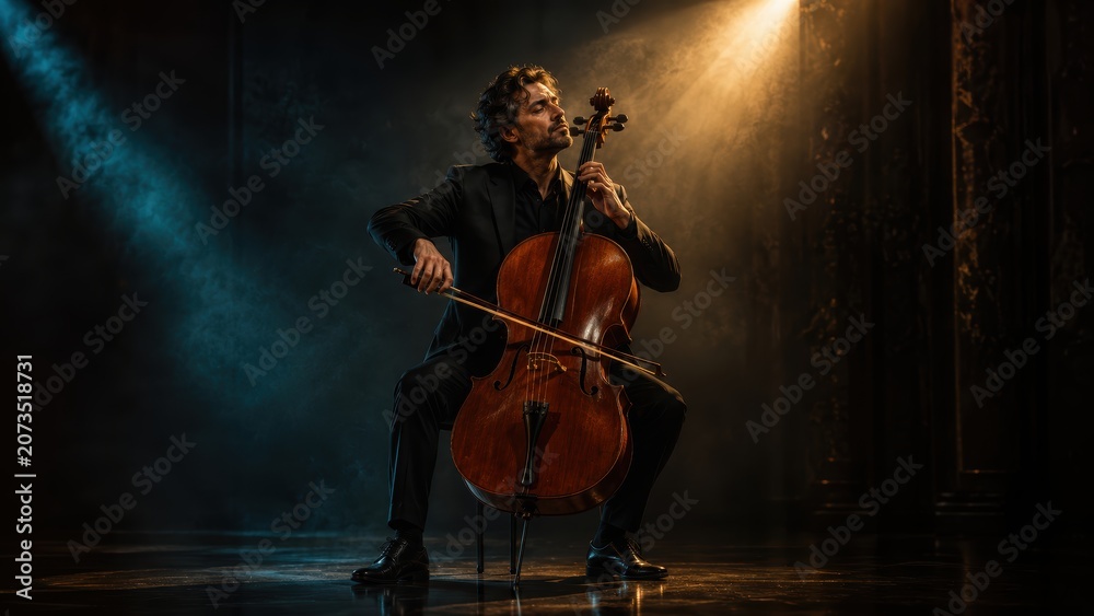 Fototapeta premium Cellist performing in warm dramatic concert light. Concept for classical music, orchestral performance, artistic discipline and live cultural event. 
