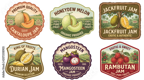 Fotografía Collection of Tropical Fruit Jam Jars Labels Featuring Vintage Label Design Styl