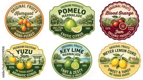 Tableau sur toile Set of Vintage Label Design Elements Featuring Illustrations of Fresh Citrus Fru