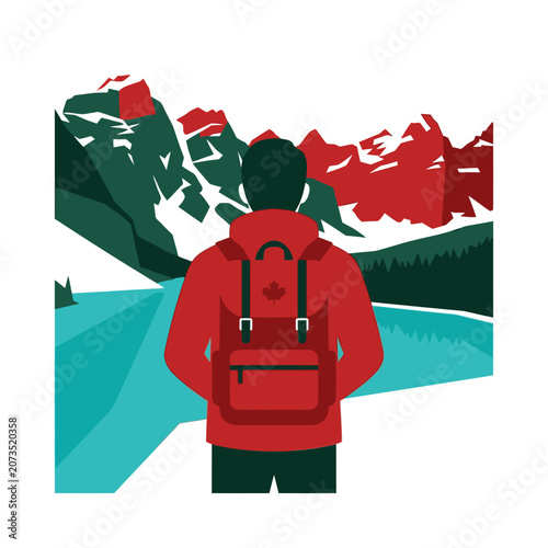 Traveler with backpack viewing Canadian mountains and lake landscape