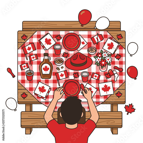 Canada Day Picnic with Flags and Maple Syrup Illustration