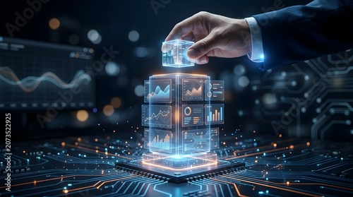 Financial Technology Strategy Concept with Hand Structuring Glowing Market Data Dashboards