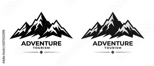 Adventure tourism logo set featuring high mountain peaks and decorative typography style.