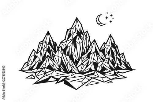 Crystalline mountain range sharp edges geometric facets moon and stars.