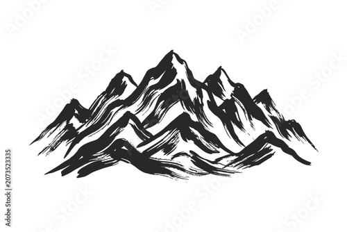 Rugged mountain range silhouette graphic design featuring hand drawn ink line textures.