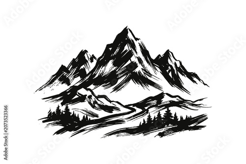 Black and white ink mountain landscape with pine forest and winding river path illustration.