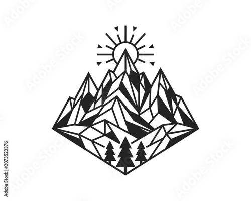 Geometric mountain design with sun rays and pine trees in minimalist vector style.