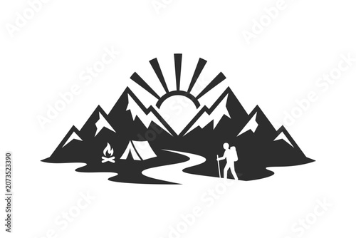 Adventure camping landscape graphic with hiker bonfire tent and mountain range scenery.