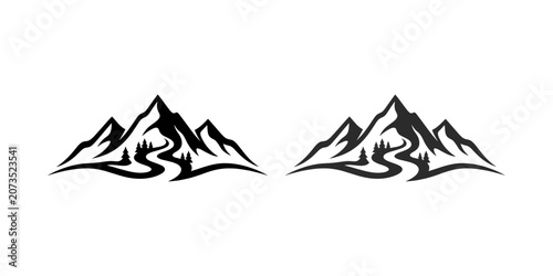 Mountain landscape with winding road and trees, travel and adventure graphic.