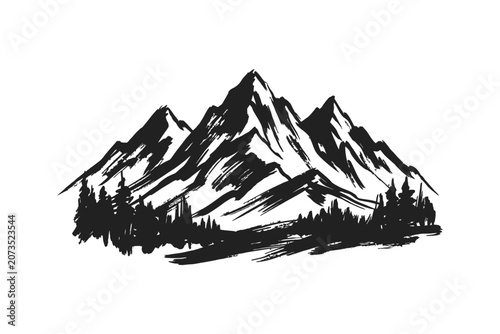 Abstract mountains, natural landscape, brush strokes, hand drawn, vector illustration.