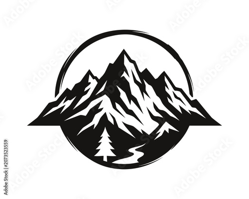Mountain landscape design within a circle, wilderness travel and exploration symbol.