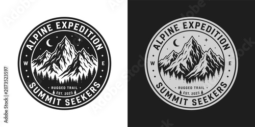 Alpine expedition summit seekers round badge design featuring mountain range and forest art.