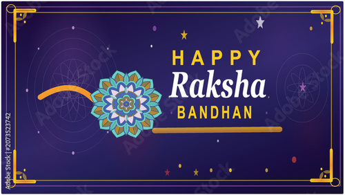 Konstfotografi A vibrant blue and gold banner wishing Happy Raksha Bandhan with a beautiful Rakhi bracelet design and festive starry background