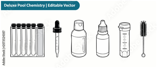 Fotografía Pool water chemistry test kit vector outline icons of laboratory equipment, dropper, reagent bottle, ph tester vial and brush for swimming pool maintenance and quality control analysis on white