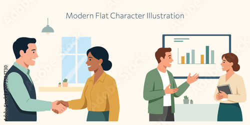 Business professionals character vector design concept, office colleagues shaking hands, manager presenting data analysis report on whiteboard for corporate web banners and UI