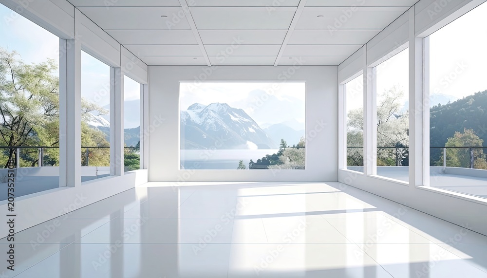 Fototapeta premium Modern minimalist interior with panoramic windows overlooking a serene mountain landscape.