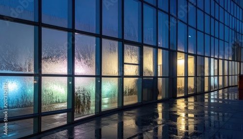 Modern Office Building Facade at Night with Reflections on Wet Pavement.