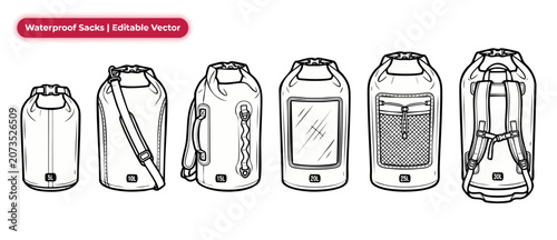 Foto Waterproof dry bag vector set of outdoor camping sacks in various sizes, 5L to 30L capacity with straps, buckles, and mesh pockets