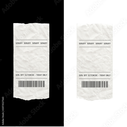 Crumpled Paper Discount Coupon Ticket with Barcode Isolated on Black Background