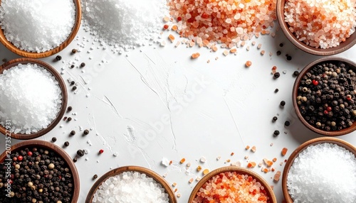 Assortment of sea salt, pink Himalayan salt, and black peppercorns in wooden bowls arranged as a frame for culinary backgrounds
