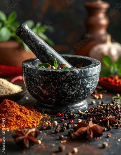 Black stone mortar and pestle with aromatic spices, peppercorns, herbs, rustic culinary preparation, cooking seasoning, food photography