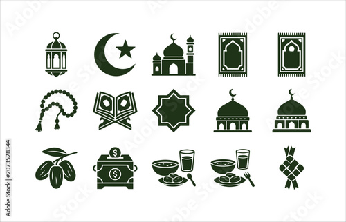 Ramadan Icon Set Dark Green Flat Mosque Lantern