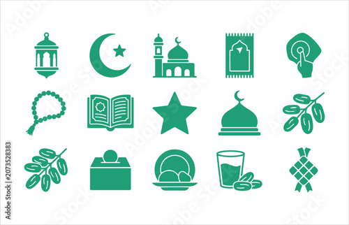 Ramadan Icon Set Teal Flat Mosque Star Crescent