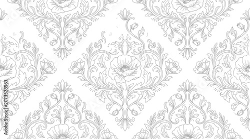 Obraz na płótnie Elegant floral damask seamless pattern in vintage style line art illustration
