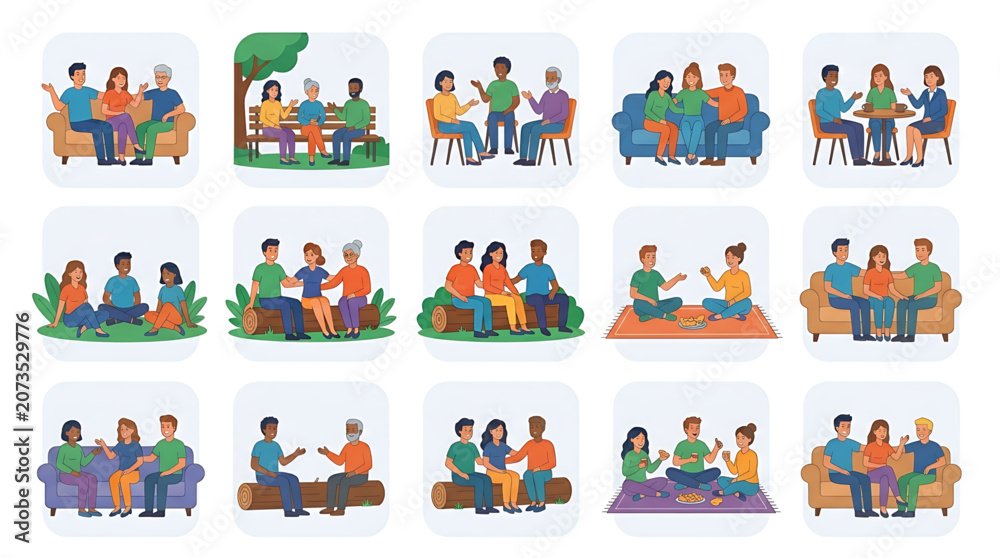 Naklejka premium Group of diverse friends sitting and talking together in various settings