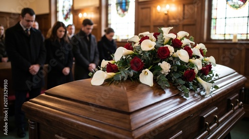 Closed wooden casket topped with red and white flower arrangement at a funeral service; mourners in dark clothing stand with bowed heads in a chapel with stained glass