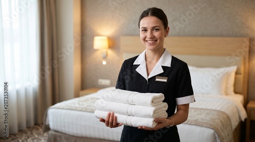 Professional hotel maid holding fresh white towels, smiling chambermaid in black uniform providing room service, hospitality staff in luxury bedroom