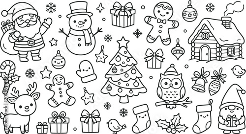 Christmas coloring page vector elements set, cute outline xmas characters and winter holiday decorations doodles for kids coloring book.