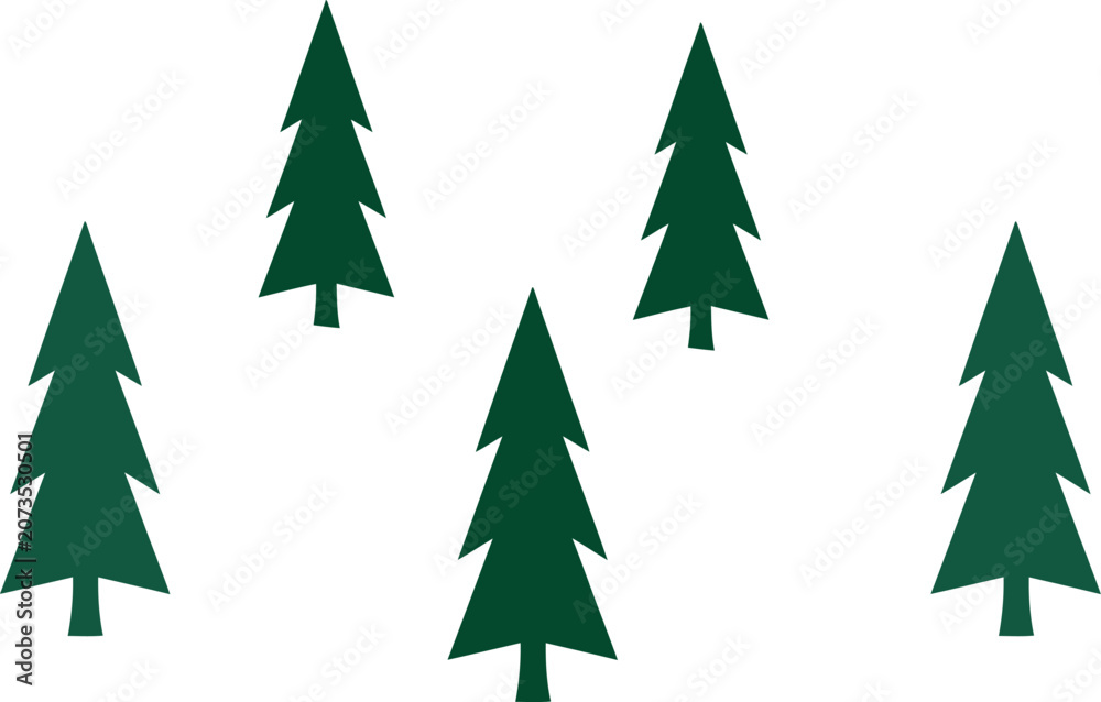 Fototapeta premium Minimalist pine tree silhouettes vector set, flat green fir trees icon collection isolated on white background.