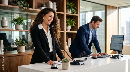 Professional hotel receptionists working at modern front desk, smiling female concierge answering phone, luxury lobby service staff in corporate attire