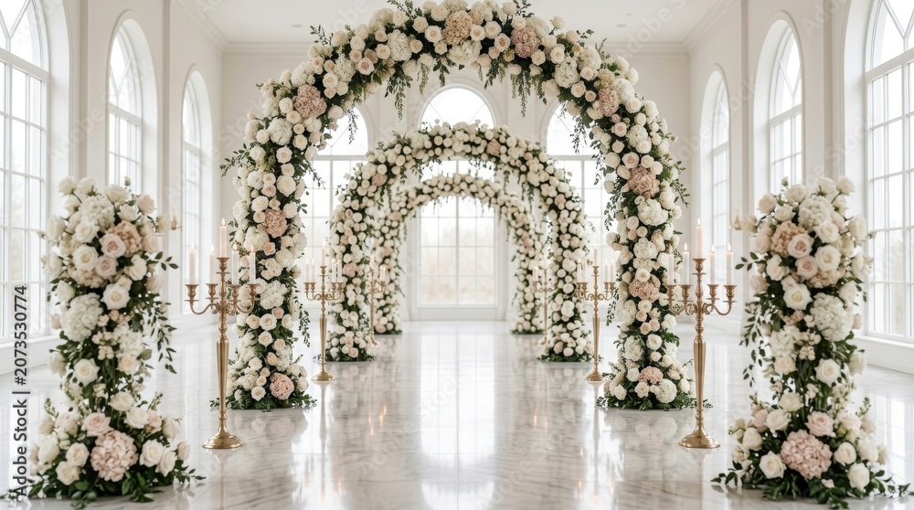 Fototapeta premium Luxury Wedding Ceremony Aisle with Floral Arches and Candelabras