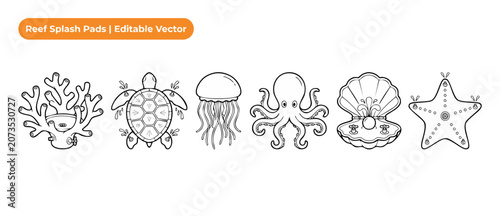 Ocean animal splash pad vector icons set featuring sea turtle, octopus, starfish, jellyfish, clam shell, and coral reef water park playground equipment elements for coloring books and outline designs.