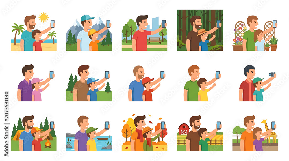 Fototapeta premium Set of illustrations of fathers and children taking selfies in various locations and seasons