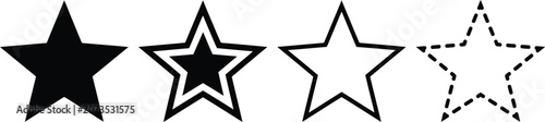 Set of four different black star icons with various outline and fill styles