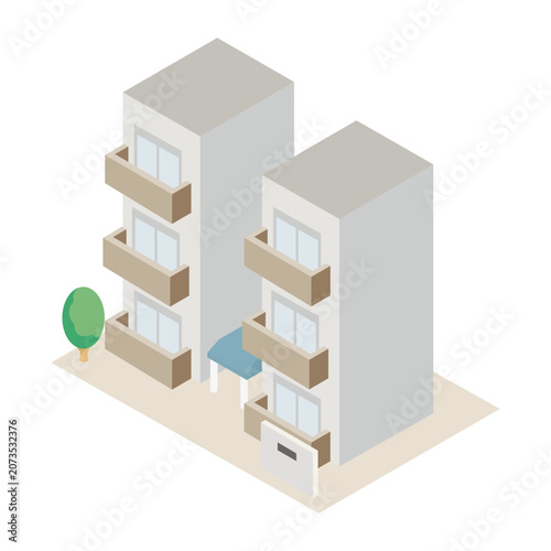Isometric illustration of a 3-story apartment building and residential property
