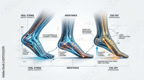 Biomechanical sequence showing the human gait cycle, foot strike, mid stance, and toe off phases with anatomical skeletal structures, ligament tension, and ground reaction force vectors.