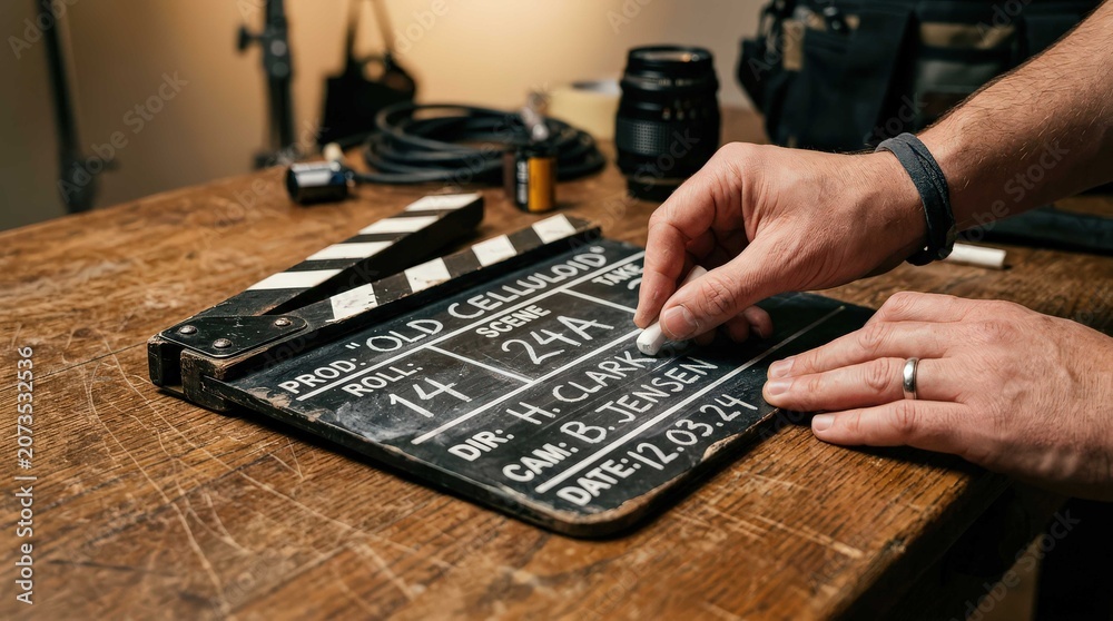 Fototapeta premium Cinematic film clapperboard being prepared for production, showcasing a professional crew member writing scene details on a traditional slate tool for a high quality motion picture film project.