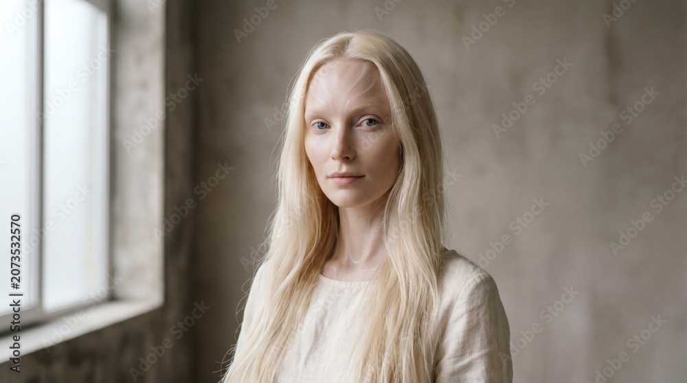 Fototapeta premium Ethereal Portrait of a Serene Woman: A captivating woman with long flowing blonde hair and striking features stands calmly.