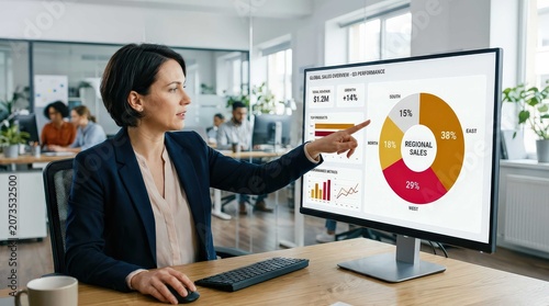 Professional Business Woman Analyzing Global Sales Performance Data on a Digital Monitor in a Modern Bright Office Environment, Widescreen Format Showing Corporate Strategy and Data Visualization.