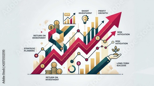 Professional Business Infographic Illustration Featuring Rising Financial Growth Arrows, Investment Metrics, and Strategic Planning Concepts Set Against A Widescreen Professional Corporate Background.