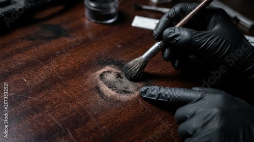 Professional forensic investigation of a crime scene showing a gloved hand using a fine brush and black powder to lift and reveal a clear human fingerprint on a dark wooden furniture surface.