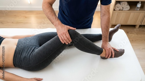Professional physical therapist performing clinical knee joint mobilization and leg stretching on a female patient, wide angle therapeutic session in a medical office for rehabilitation and recovery.